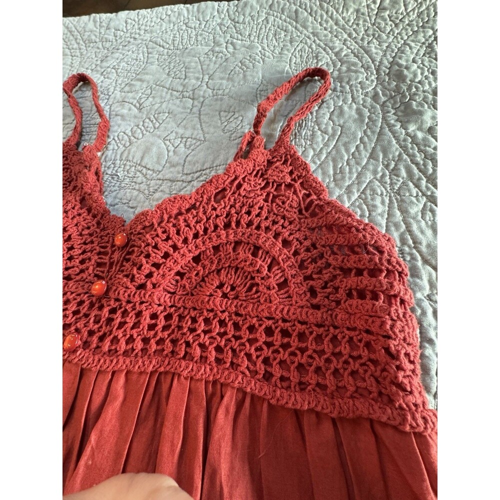 Boho Crochet Babydoll Dress Red Embroidered Sequin Hippie Festival Cotton Sz M - Picture 3 of 8